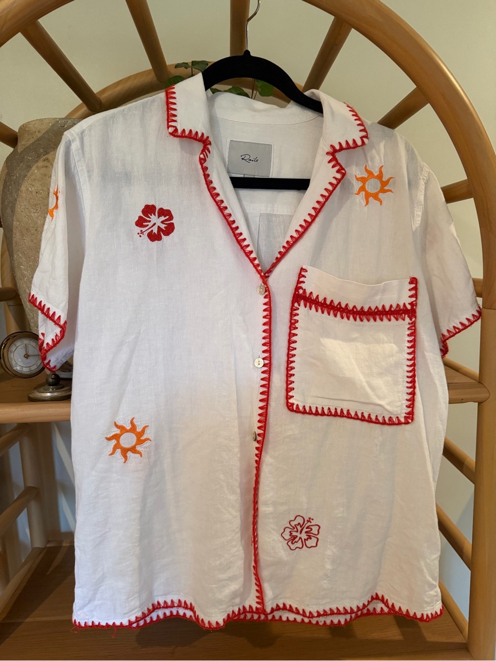 Rails White Short-Sleeve Button Shirt with Red Trim and Orange Embroidery